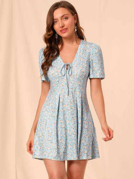 Allegra K- Floral Short Sleeves Flare Dress