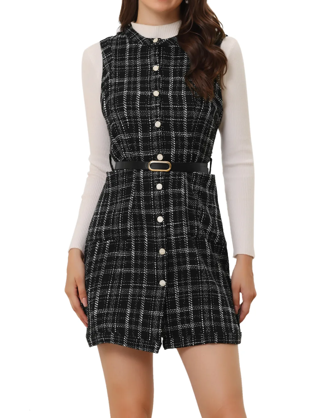 Allegra K - Button Down Pinafore Tweed Dress with Belt