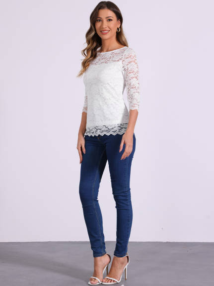 Allegra K - 3/4 Sleeve Crew Neck Floral Lace Top