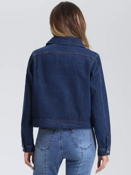 Allegra K - Vintage Collar Long Sleeve Jean Jacket