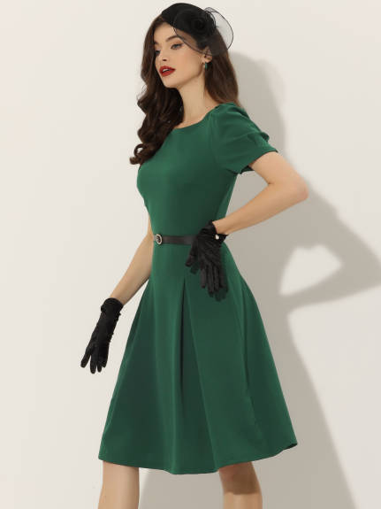 Allegra K- Elegant Belted Boat Neck Short Sleeve Dress