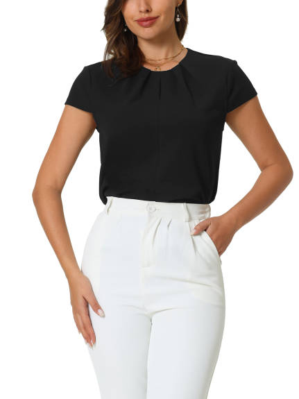 Hobemty- Pleated Neck Cap Sleeve Blouse