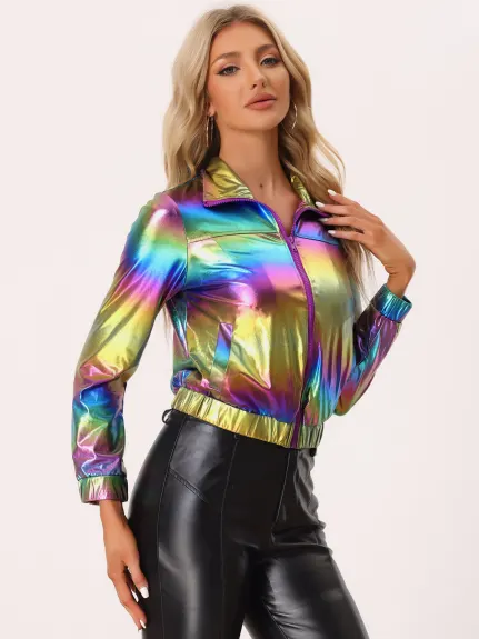 Allegra K- Holographic Lightweight Zipper Jacket