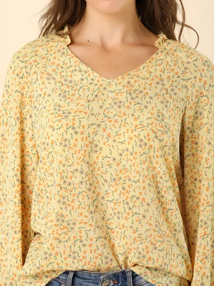 Allegra K - Blouse florale à petites fleurs et manches longues à col volanté