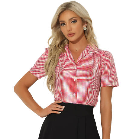 Allegra K- Button Down Plaid Shirt Top