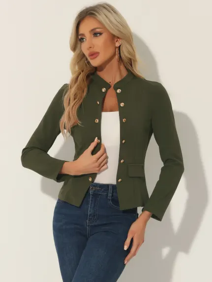 Allegra K- Veste blazer à col montant ouvert sur le devant avec boutons décoratifs