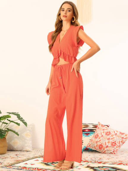 Allegra K- 2 Piece Deep V Neck Ruffle Crop Top Split Wide Leg Pant Set