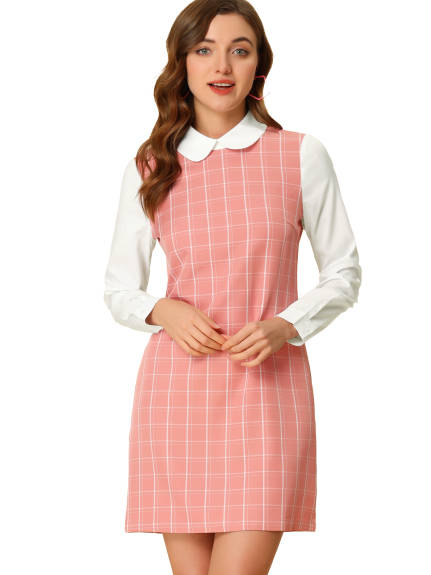 Allegra K- Peter Pan Collar Long Sleeve Check Shift Dress