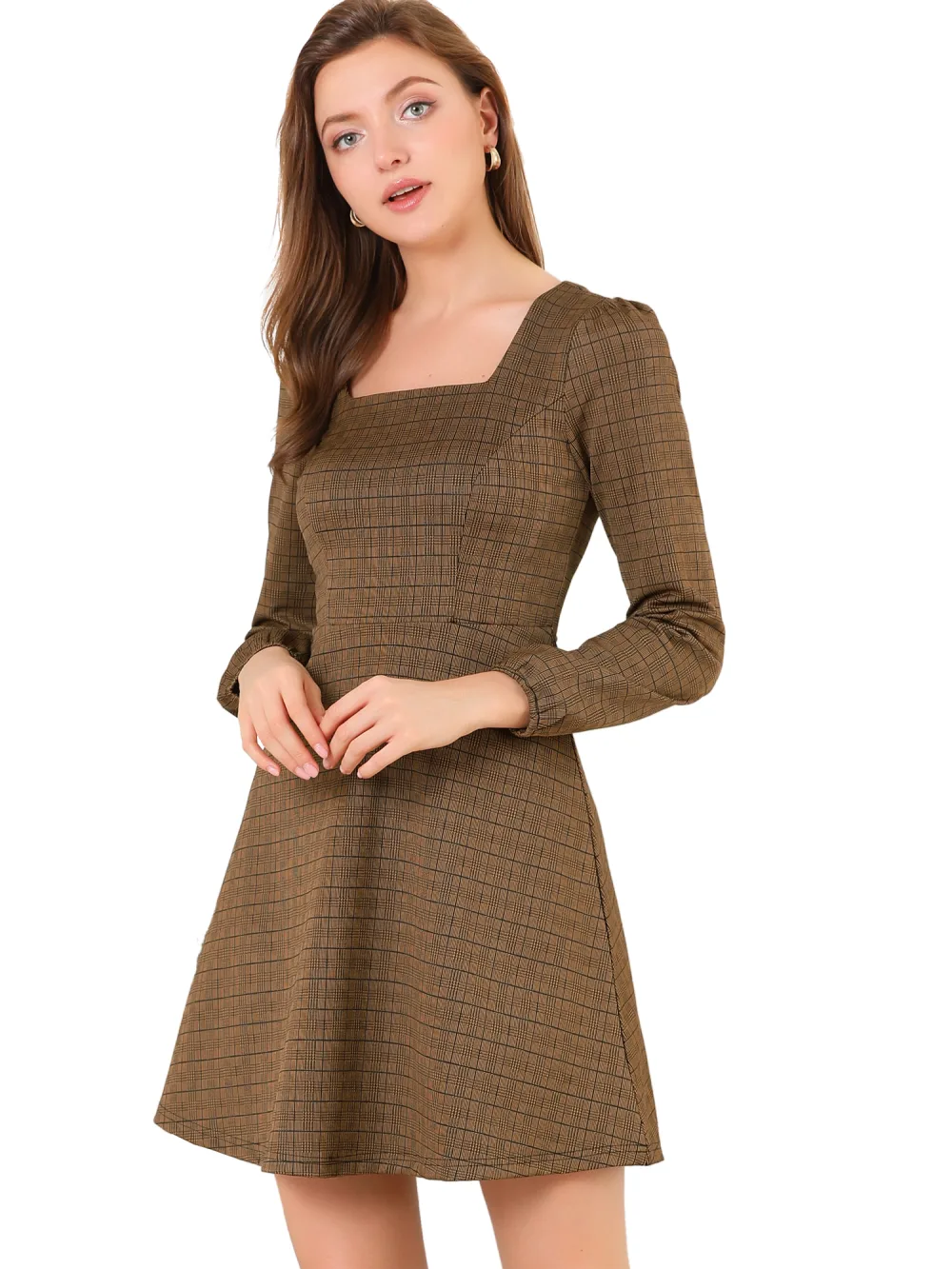 Allegra K- Square Neck Long Sleeve A-Line Plaid Dress
