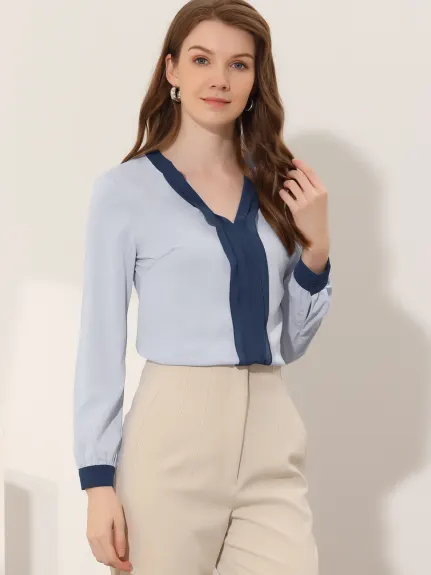 Allegra K - Pleated Front Contrast Color Blouse