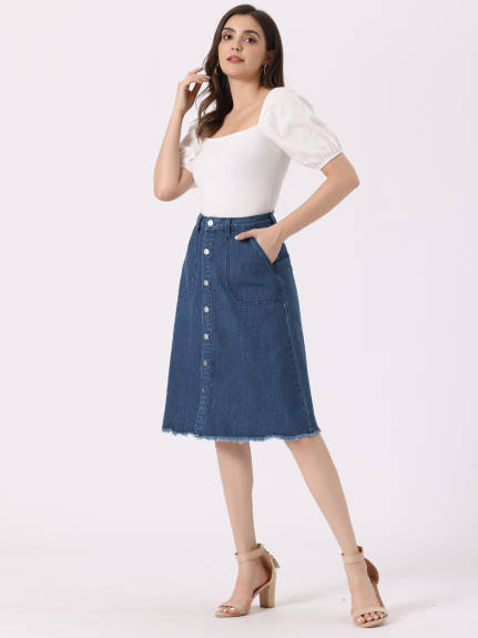 Allegra K- Raw Hem Button Down Denim Skirt