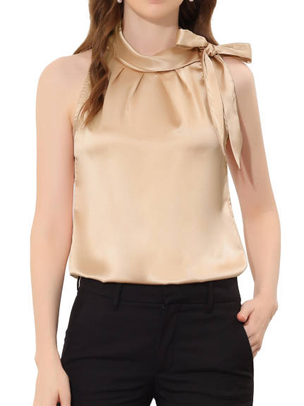 Allegra K - Satin Sleeveless Tie Neck Work Blouse