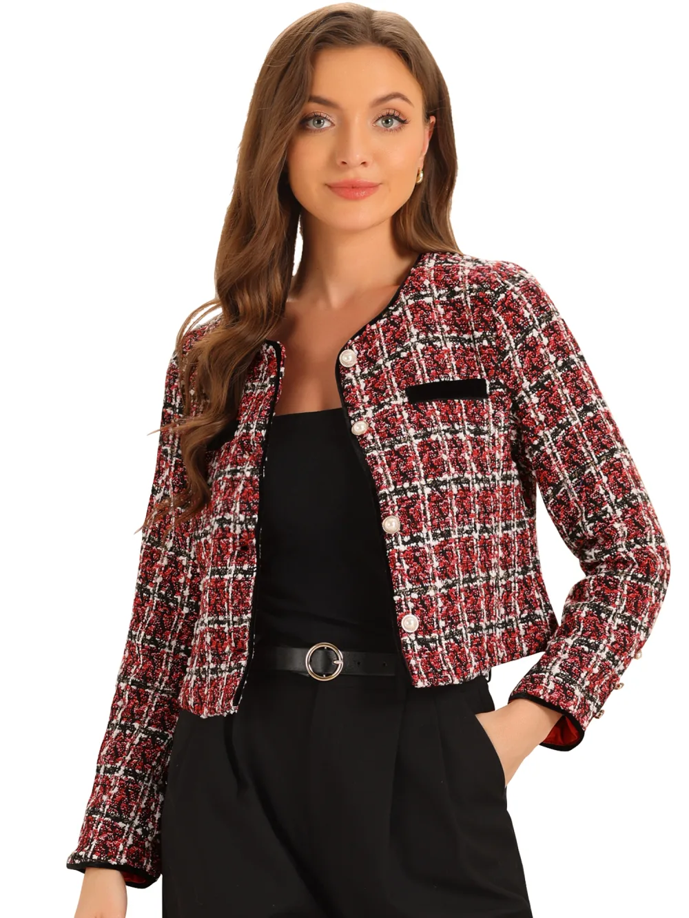 Allegra K- veste courte à carreaux en Tweed