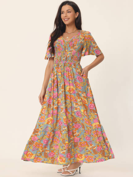 Allegra K - Summer Floral Smocked Flowy Maxi Dress