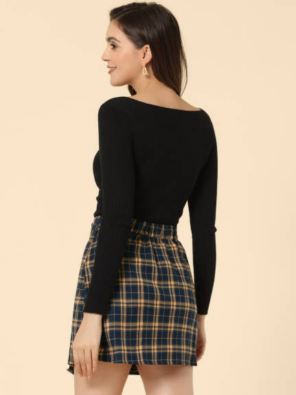 Allegra K - High Waist Layered A-Line Tartan Skirt