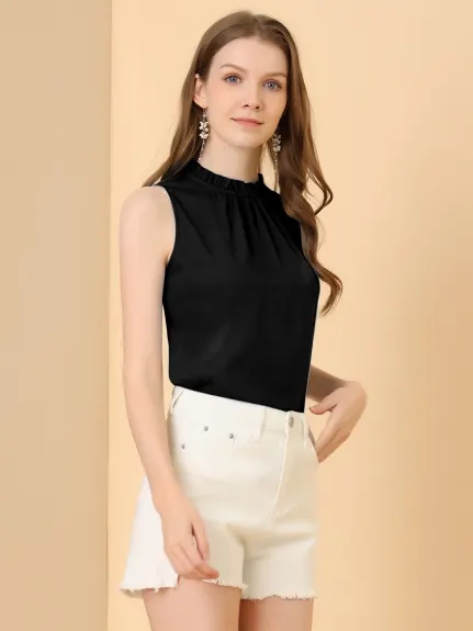 Allegra K- Mock Neck Ruffle Sleeveless Blouse