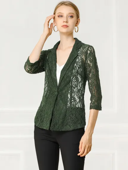 Allegra K- Lace 3/4 Sleeves Notched Lapel One-Button Cardigan