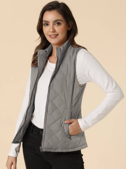 Allegra K- Stand Collar Lightweight Gilet Quilted Zip Vest