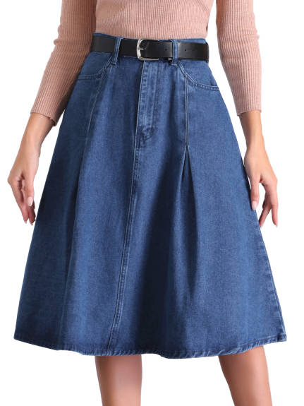 Allegra K- Pleated High Waist A-Line Denim Skirt