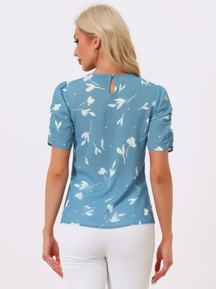 Allegra K- Blouse florale col rond froncé élégant haut à manches courtes