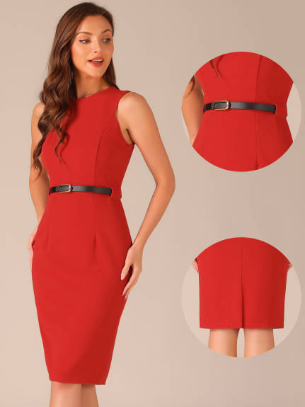 Allegra K - Round Neck Belted Sleeveless Sheath