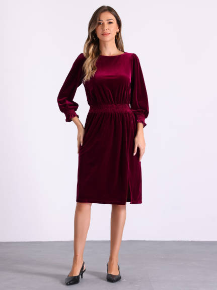 Allegra K - Velvet Boat Neck Puff Sleeve Midi Dress