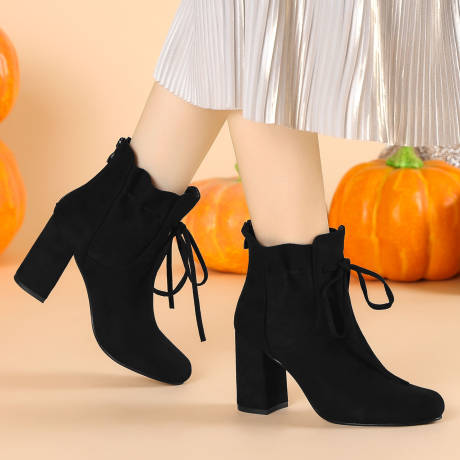 Allegra K - Round Toe Ruffle Drawstring Ankle Boots