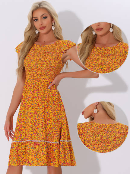 Allegra K - Fit and Flare Floral Midi Smocked Dress