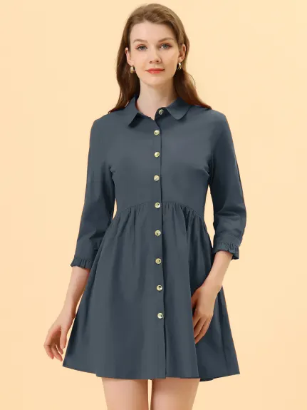 Allegra K- 3/4 Sleeve Button Up Flare Shirt Dress