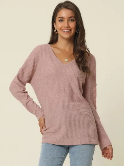 Allegra K- V Neck Waffle Knit Long Sleeve Slim Fit Top