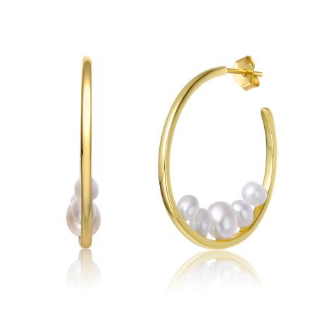 Genevive Boucles d'oreilles créoles 3/4 en argent sterling plaqué or jaune 14 carats avec grappe de perles blanches