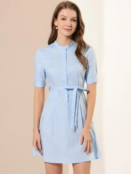 Allegra K- Short Sleeve Belted Skater Shirt Dress