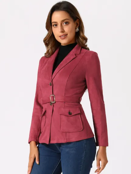 Allegra K- Manteau blazer à simple boutonnage avec ceinture en faux suède