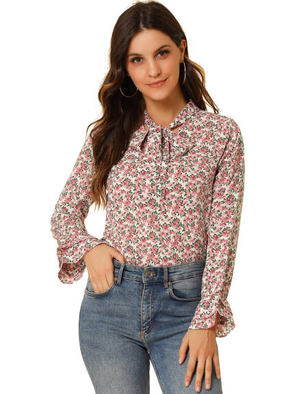 Allegra K- Floral Tie Neck Chiffon Ruffle Blouse