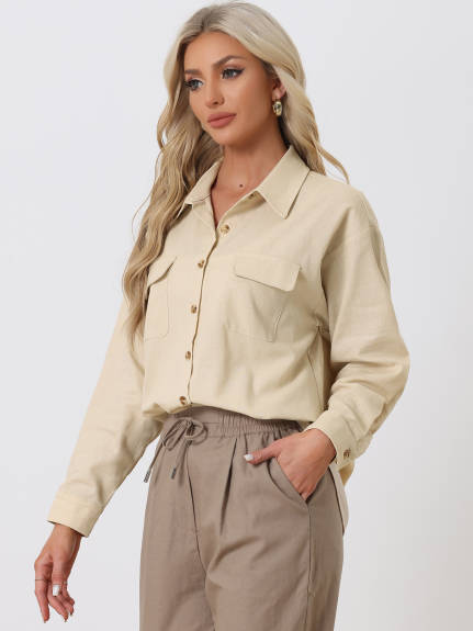 Allegra K- Loose Roll-up Linen Button Top