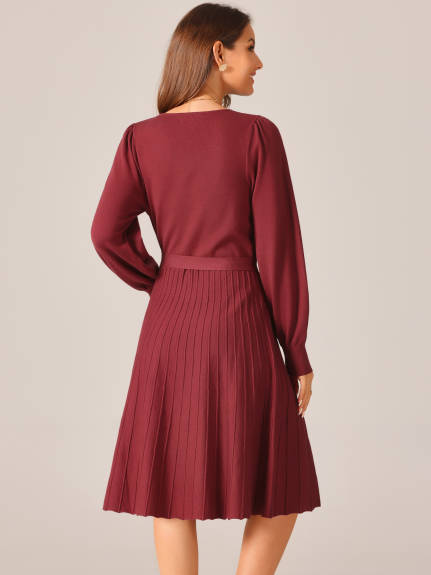 INSPIRE CHIC - V-Neck Tie Waist Pleated Dress