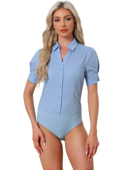 Allegra K - Button Short Sleeve Leotard Shirt Bodysuit