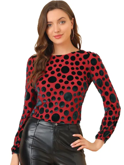 Allegra K- Dots Prints Velvet Burn-Out Long Puff Sleeve Blouse