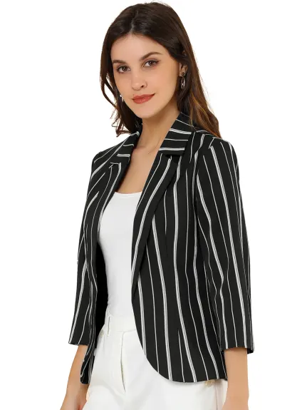 Allegra K- Striped 3/4 Sleeves Open Front Notched Lapel Blazer