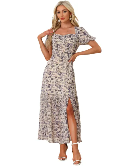 Allegra K - Summer Puff Sleeve Floral Split Maxi Dress