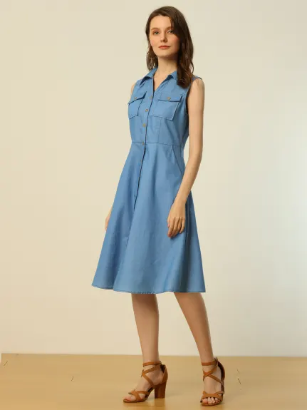 Allegra K- Belt Button Down A-Line Chambray Dress