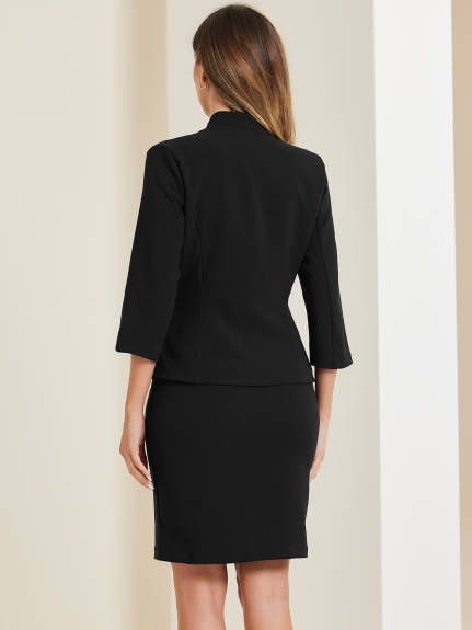 Allegra K - Notched Collar Blazer Midi Pencil Skirt Suit