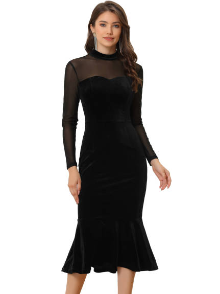 Allegra K- See Through Velvet Sheer Mesh Midi Mermaid Dress