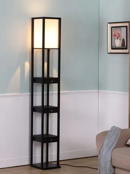 Maxwell Shelf & Led Floor Lamp With Lantern Shade And Drawers