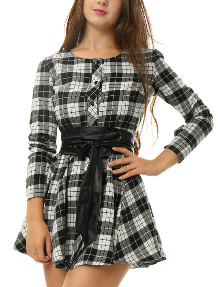 Allegra K- Plaid Long Sleeve Belted A-Line Shirt Dress