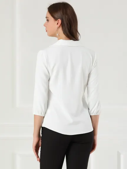 Allegra K- V Neck Collared 3/4 Sleeve Blouse