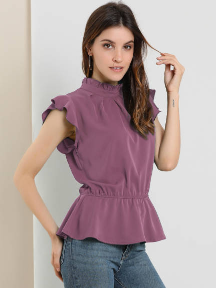 Allegra K - Stand Collar Pleated Ruffle Peplum Top