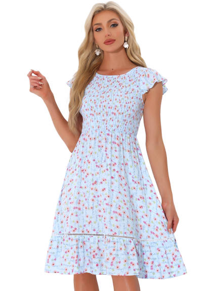 Allegra K - Fit and Flare Floral Midi Smocked Dress