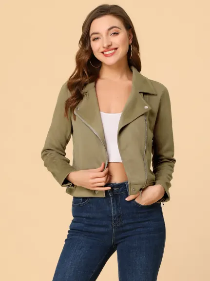 Allegra K- Faux Suede Zip Up Moto Biker Jacket