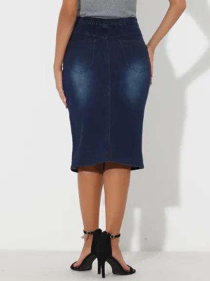 Allegra K- Elastic Waist Split Denim Pencil Skirt